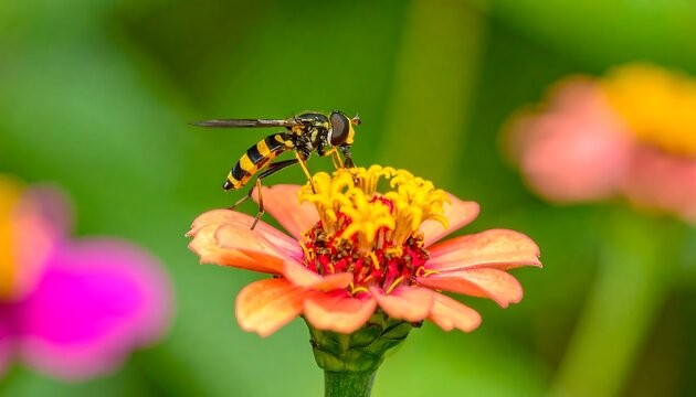 Close-up of Hoverfly on Orange Zinnia Flower - Powered by Adobe