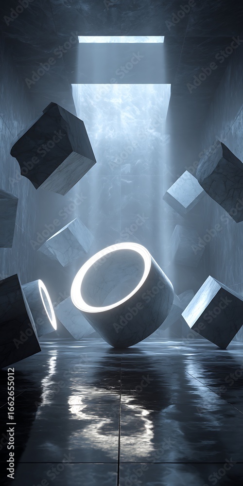 Poster abstract geometric space with floating cubes and glowing rings, creating a modern and futuristic atm