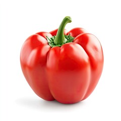 Single, vibrant red bell pepper, whole and fresh, against a white background