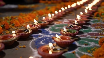 Warm Glow of Diwali: Earthen Lamps Illuminate a Rangoli Design, Celebrating the Festival of Lights with traditional clay diyas and vibrant decorations