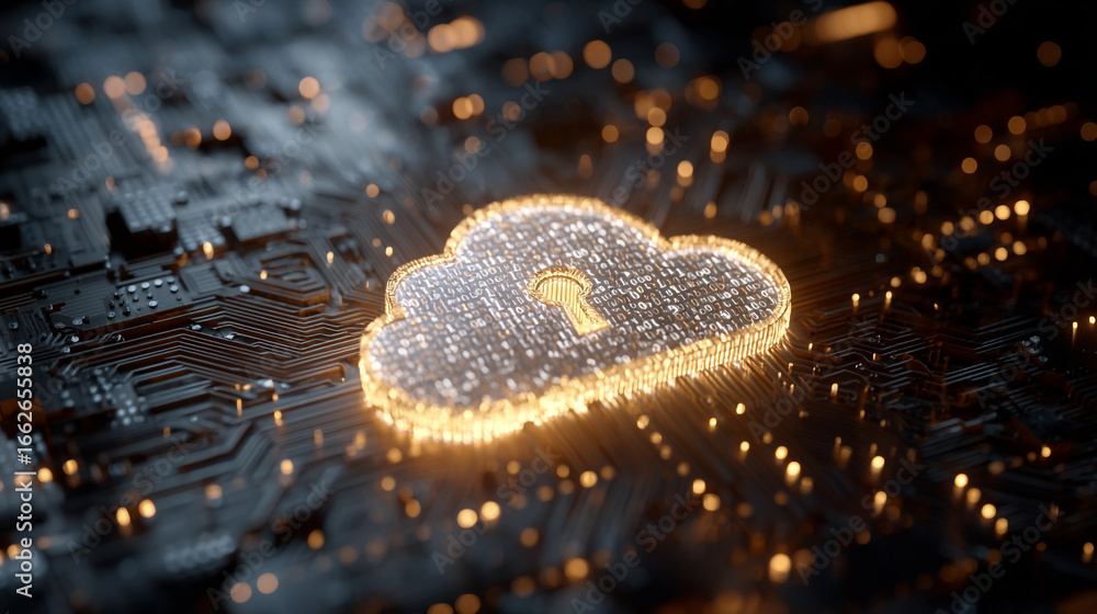Aufkleber glowing cloud with keyhole on a circuit board representing cloud security