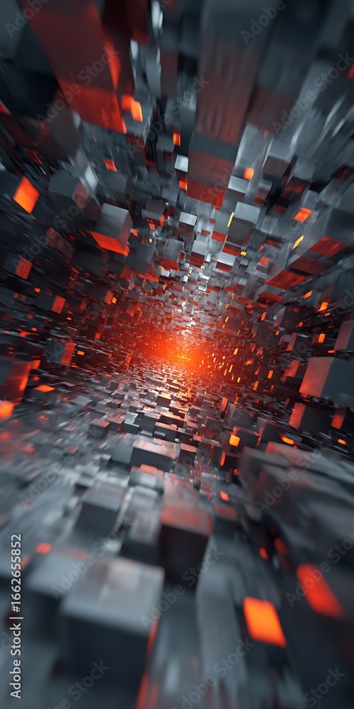 Poster a futuristic tunnel of cubes, a digital matrix of interconnected blocks, creating a sense of depth a