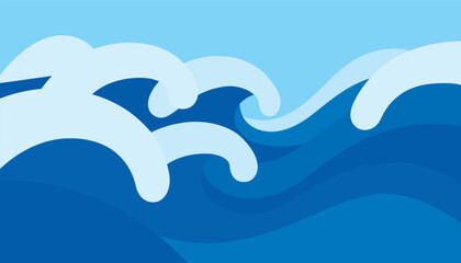Clean, modern pattern of stylized Japanese waves in shades of blue. The smooth, layered design evokes a serene seascape in a papercut or digital art style.
