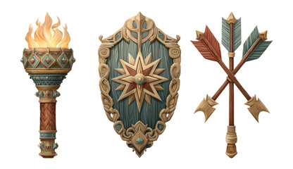 Decorative Torch, Shield, and Arrows on Transparent Background