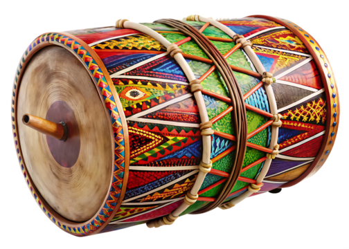 Ornate Cylindrical Drum with Vibrant Geometric Patterns and Natural Straps isolated on a transparent background - Powered by Adobe