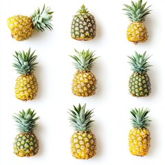 Nine pineapples, various stages of ripeness, arranged in a grid pattern against a white background.  Each pineapple shows vibrant yellow and green hues, with sharp spines