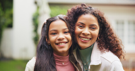 Portrait, mother and girl in backyard, smile and bonding together with real estate. Homeowner, family and parent with daughter and happiness with property, support and outdoor for games and fun