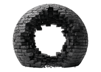 Cracked Hollow Sphere Created from Black Brick against Transparent Background