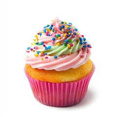 Colorful cupcake with pink, green, and white frosting swirls, topped with colorful sprinkles