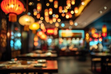 Fototapeta premium Blurred interior scene featuring tables lights hanging lanterns