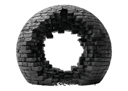 Cracked Hollow Sphere Created from Black Brick against Transparent Background