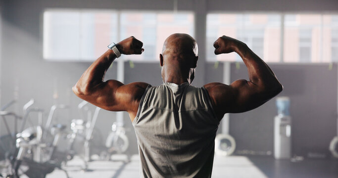 Muscles, flex and back of man in gym for bodybuilding training, exercise and strength workout. Sports, athlete and person with strong arms, biceps and fitness for wellness, health and challenge