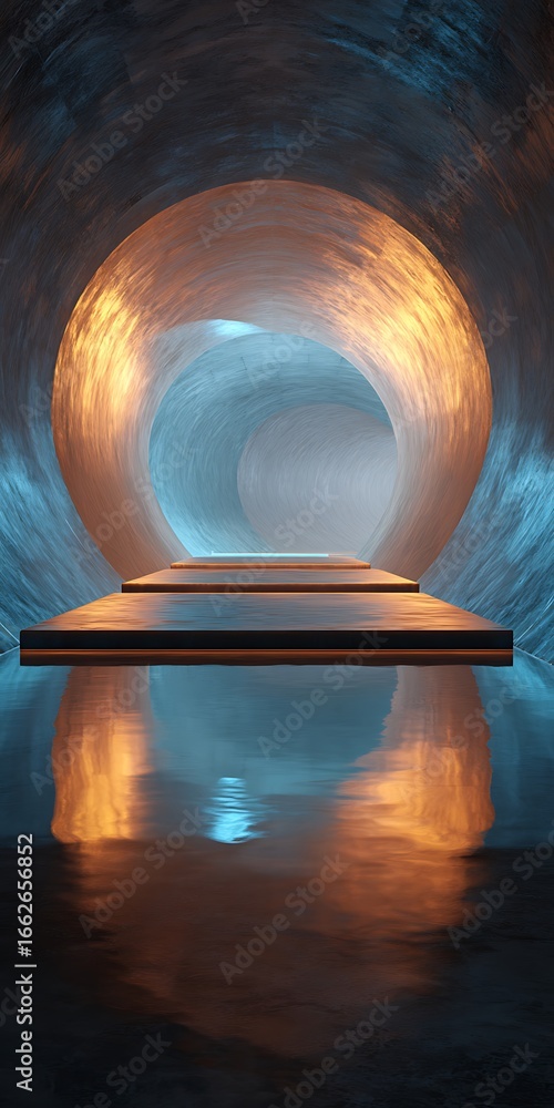 Poster futuristic architecture with a modern design featuring an empty stage and a tunnel with a portal, cr