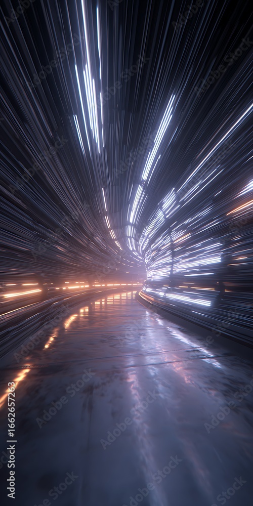 Poster futuristic light tunnel with motion blur creating a sense of speed and travel through space and time