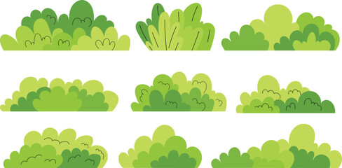 Cartoon Green Bushes Set – Vector Nature Elements for Game Design and Graphics. Hand-drawn stylized vegetation elements for game design, landscape illustration and nature graphics © Yatno