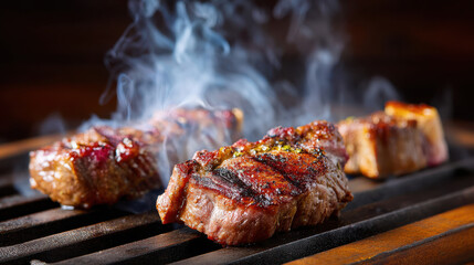 Grilled paleo summer dishes with juicy steak pieces cooking on hot grill emitting flavorful smoke and rich aroma