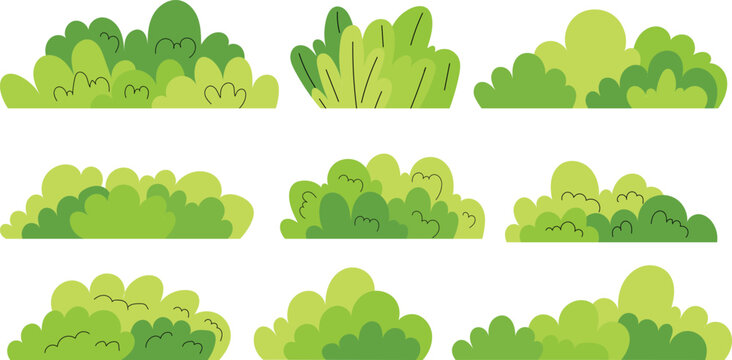 Cartoon Green Bushes Set &ndash; Vector Nature Elements for Game Design and Graphics. Hand-drawn stylized vegetation elements for game design, landscape illustration and nature graphics