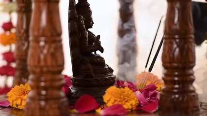 Wooden statue surrounded by marigolds and rose petals for prayer and worship, Ritual objects with incense for spiritual tradition and belief in divinity