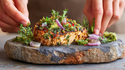 Grilled paleo summer dishes with herbs and spices served on stone plate creating fresh and vibrant meal presentation
