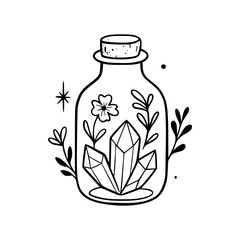 magical potion bottle with crystals and flowers