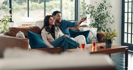 Relax, sofa and couple watching tv in home for bonding, connection or date together on weekend....