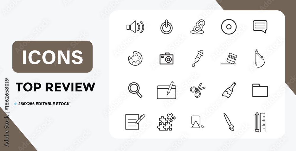 Poster set of thin line interface icons on white background for web design