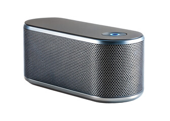 Obraz premium Sleek portable oval bluetooth speaker with perforated grill and illuminated power button isolated on a transparent background
