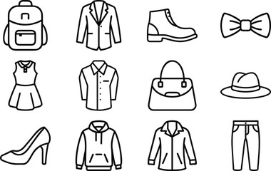 Collection of Fashion and Clothing Line Icons Including Bags, Shoes, Dresses, Jackets, Skirts, Accessories, and Watches for Modern Style and Apparel Design