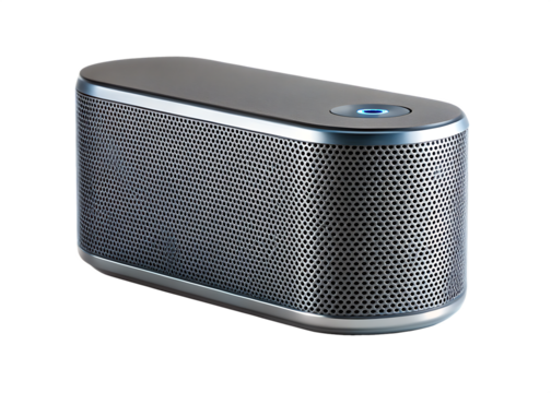 Sleek portable oval bluetooth speaker with perforated grill and illuminated power button isolated on a transparent background