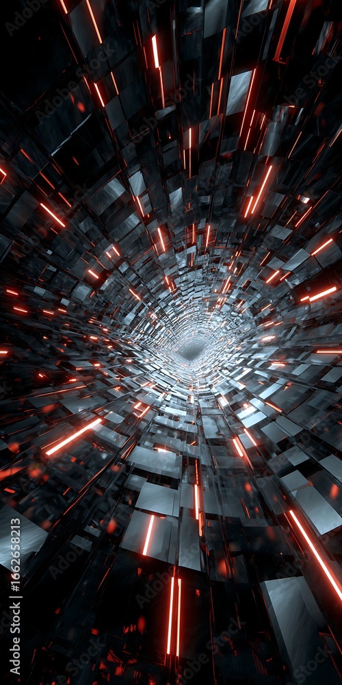 Poster a futuristic abstract tunnel with glowing neon lights creating a mesmerizing space, a modern and geo