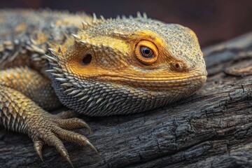 Fototapeta premium A closeup features a bearded dragon resting on a textured log showcasing its scales spikes and unique eye