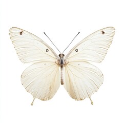 Obraz premium Close-up of a pale cream-colored butterfly, wings outstretched, against a plain white background