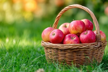 Apples fill a wicker basket on bright green grass bathed in golden sunlight