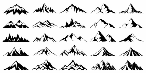 Collection of black and white mountain silhouette icons