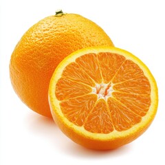Two oranges, one whole and one halved, vibrant citrus fruit on white background