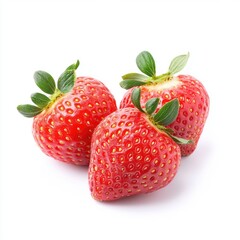 Three fresh, bright red strawberries with green leaves, close-up on white background