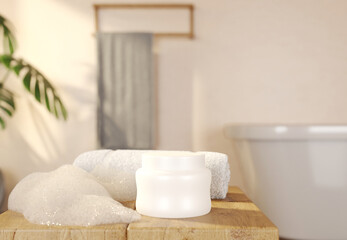 3D Render Cosmetic Jar Bottle Mockup in Bathroom Scene