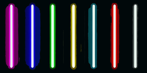 Eight colorful glowing lightsaber blades on black background © Anik