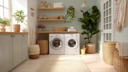 Serene Laundry Room Interior: A clean and inviting laundry room showcases modern appliances and a touch of nature, creating a calm and organized space for everyday chores.