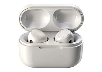 White wireless earbuds with open charging case isolated on a transparent background audio technology