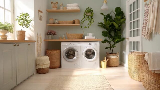 Serene Laundry Room Interior: A clean and inviting laundry room showcases modern appliances and a touch of nature, creating a calm and organized space for everyday chores.