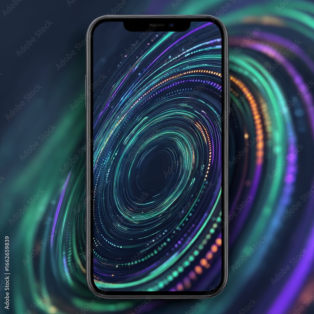 Poster smartphone displaying abstract spiraling light trails with dark background and ambient lighting effe