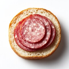 Fototapeta premium Simple Salami Sandwich: A Round Slice of Bread Topped with Stacked Salami for a Quick and Delicious Snack