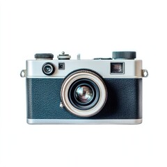 Vintage silver and dark-gray film camera, front view