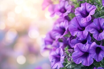 A vibrant array of purple petunias blooming in spring symbolizing new beginnings and the beauty of nature under the soft