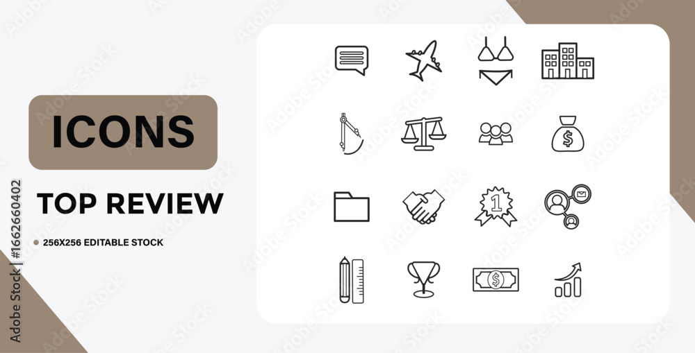 Poster collection of outline icons representing various concepts and objects on white background