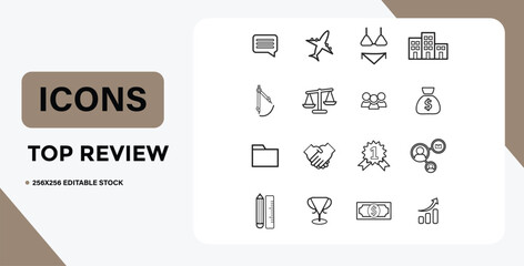 Collection of outline icons representing various concepts and objects on white background