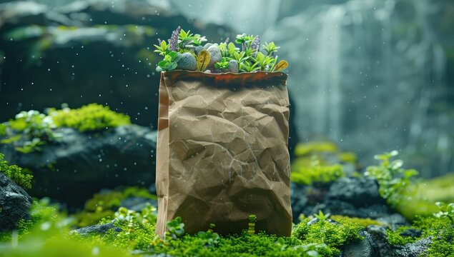 A crumpled brown paper bag sits on mossy rocks, adorned with miniature plants and fungi, in a misty forest setting