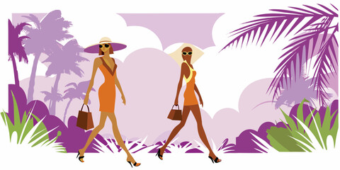 Two Women in Orange Dresses with Tropical Silhouettes