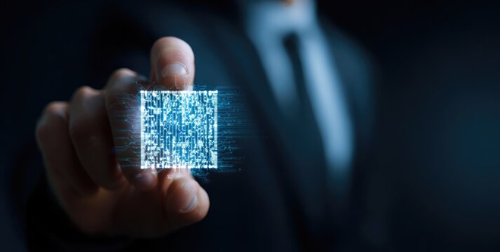 A person in a suit touches a holographic QR code
